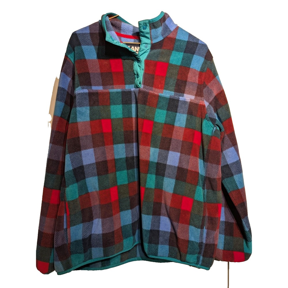 Lands' End Pullover Womens XL 18 Blue Red Green Plaid Fleece Snap Front Pockets